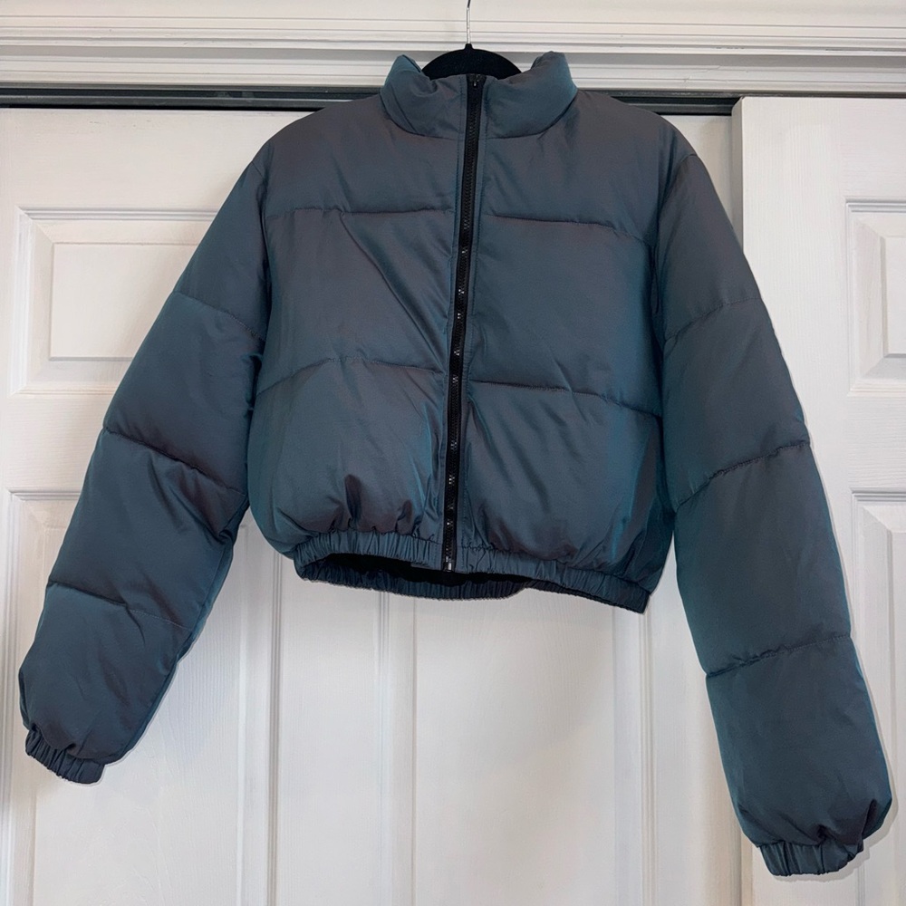 12th Tribe Iridescent Blue Purple Cropped Puffer Jacket